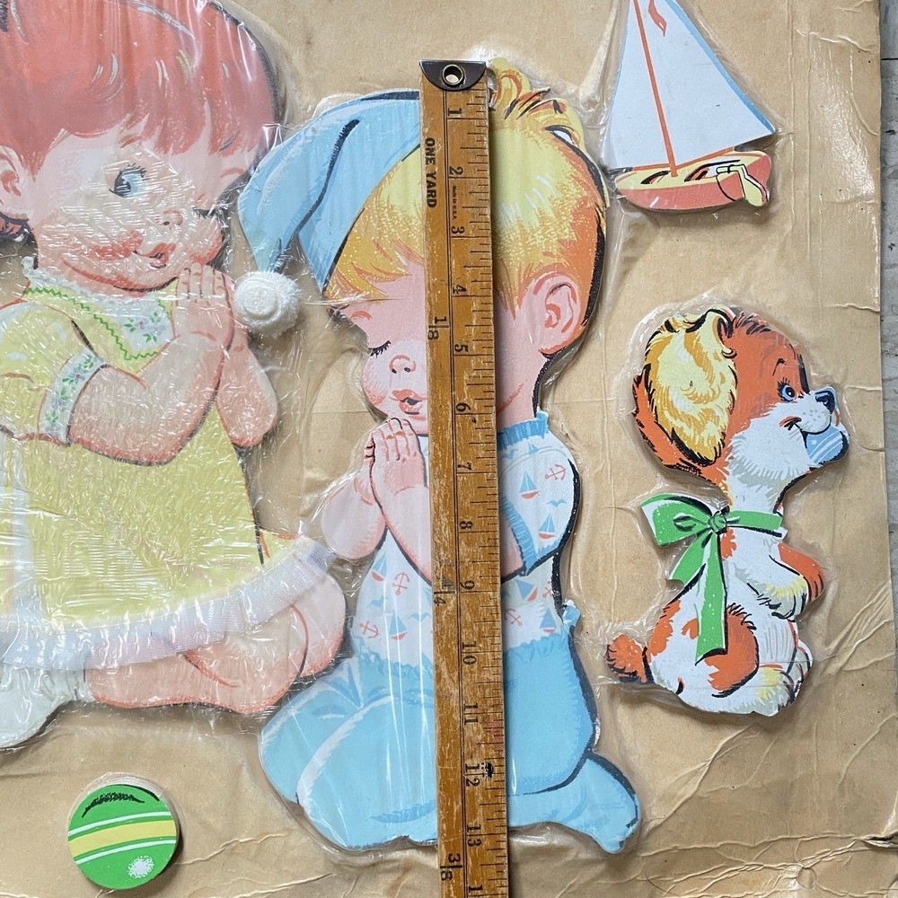 Vtg 50s Dolly Toy Co. Girl & Boy Praying w/ Dog Wall Decor Hanging Set NOS - Picture 5 of 9